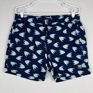 Tom & Teddy Mens M Navy Blue Angelfish AOP Tailored Swim Trunks Board Shorts